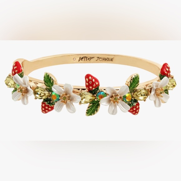 Betsey Johnson Jewelry - Betsey Johnson strawberry & white flower cubic zirconia gold bangle Bracelet new